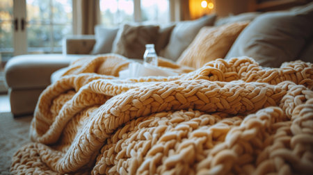 Cozy Comfort Soft Yellow Knit Blanket on Couch in Living Room, Evoking Warmth and Relaxationの素材
