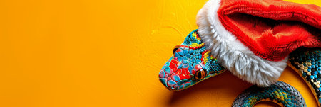 Colorful Festive Snake Wearing Santas Red Hat Isolated On Yellow Background, Web Banner Templateの素材