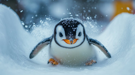 Playful Penguin Chick Enjoying a Joyful Slide in Fresh White Snow. Winter Wildlife Portraitの素材