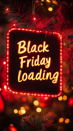 Black Friday Loading Neon Sign on Red Christmas Background, Festive Shopping Season Conceptの素材
