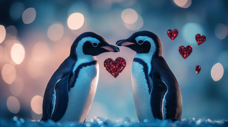 Two Penguins In Love. Love Birds On Blue Background With Red Valentines Day Hearts Bokehの素材