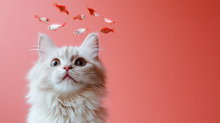 Curious White Cat Looking Up at Flying Goldfish, Pet and Fish on Vibrant Pink Backgroundの素材