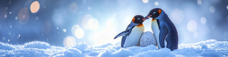 Emperor Penguins Share a Tender Moment, Protecting Their Fragile Egg in a Snow-Covered Landscapeの素材