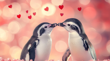 Two Loving Penguins Kissing, Valentines Day Romance Concept on a Pink Background with Heartsの素材