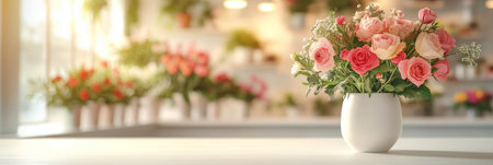 Beautiful Bouquet of Pink Roses in White Vase on Table in Flower Shop Background, with Sunlightの素材