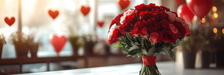Bouquet of Red and Pink Roses on a Table with Valentines Day Decorations in the Backgroundの素材