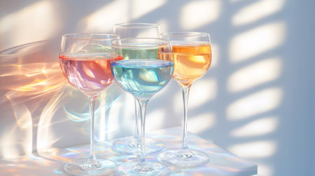 Four Wine Glasses with Colorful Cocktails, Sunlight Refracting, Refreshing Summer Drinksの素材