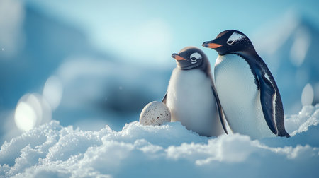Protecting Their Future Penguin Parents with Egg on a Snowy Bank. Antarctic Wildlife.の素材