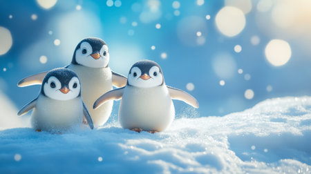 Three Adorable Penguins Waddling Through a Snowy Winter Wonderland, Sparkling Snowflakes, Christmasの素材