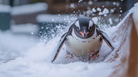 Joyful Penguin Slides Through Fresh Snow, Wildlife Photography, Winter Wonderland Animal Portraitの素材