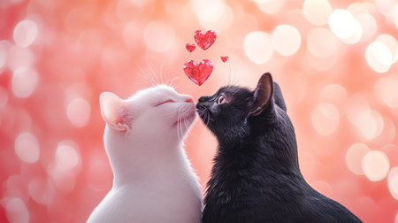 Valentines Day Romance Adorable Black and White Cat Couple Shares a Kiss Under Floating Hearts.の素材