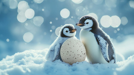 Two Emperor Penguins Protecting Egg on Snowy Landscape, Wildlife Animal Conservation Conceptの素材