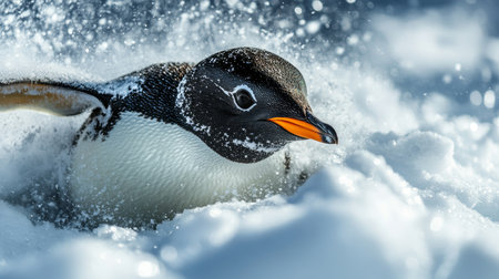 Playful Penguin Enjoys Winter Fun, Diving Through Fresh Snow in Antarctica, Wildlife Photographyの素材