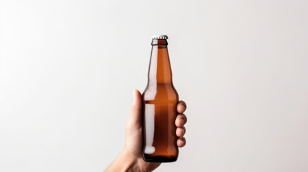 A hand is holding a brown beer bottle with a silver cap against a white background. The image is well-lit, showcasing the bottle clearly, inviting a refreshing drink.の素材