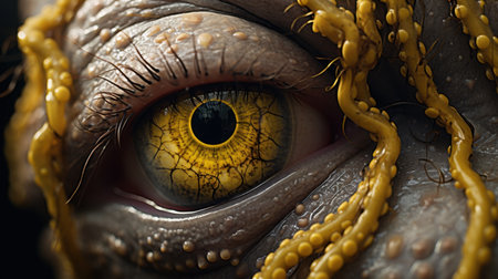 This captivating close-up image showcases a striking yellow eye featuring intricate black veins and long, dramatic black eyelashes. The eye gazes directly at the viewer, framed by deep, dark skin.の素材