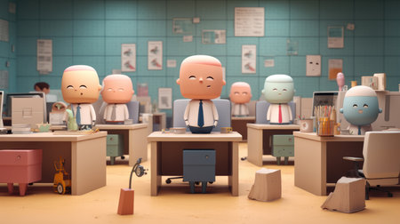 This 3D illustration features a diverse group of doctors in a modern office. The male doctor in a necktie is central, showcasing various appearances and expressions, highlighting professionalism.の素材