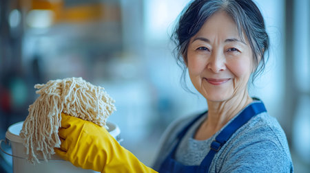 Smiling Senior Woman in Uniform With Mop And Bucket Ready For Cleaning, Housekeeping Service Conceptの素材