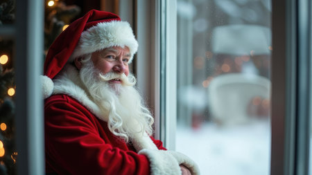 Santa Claus gazing out the window on Christmas Eve with his sack full of presents and Christmas tree.の素材