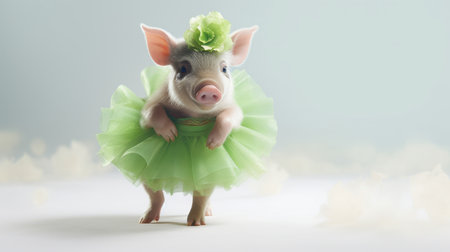 An adorable piglet in a fluffy green tutu dress stands on all fours, tilting its head at the camera. The soft white background emphasizes the piglet, ideal for animal and fashion stories.の素材