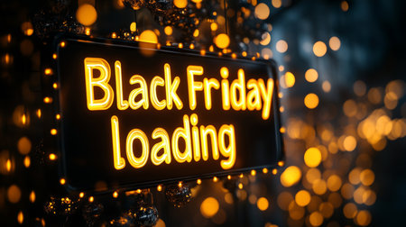 Black Friday Loading Neon Sign With Golden Bokeh Lights Background For Retail Holiday Shoppingの素材