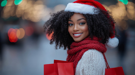 Christmas Shopping Spree Joyful Woman in Santa Hat with Red Bags on Festive City Streetの素材