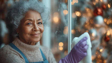 Senior Woman Cleaning Window for Christmas, Elderly Woman Smiling, Holiday Preparationsの素材