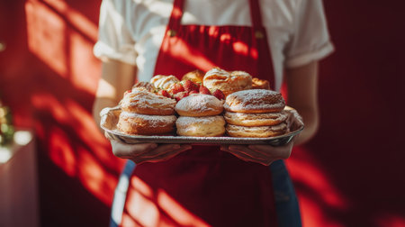 Close Up, Woman Baker In Red Apron Holding Tray Of Freshly Baked Pastries, Red Backgroundの素材