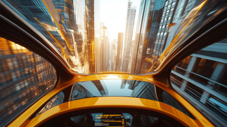 Futuristic Flying Car in the City. Autonomous Vehicle of the Future, Perspective View From Inside.の素材