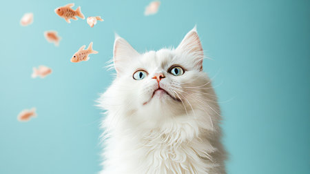 Curious White Cat, on a Blue Background, Gazing Up at Flying Fish, Ideal for Pet Food Advertisementの素材