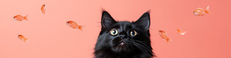 Curious Black Cat with Intense Gaze Surrounded by Floating Goldfish, Isolated on Peach Backgroundの素材