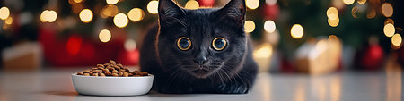 Black Cat with Food Bowl and Christmas Lights, Festive Pet Background with Copy Spaceの素材