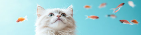 Curious Fluffy White Cat Looking Up, Surrounded by Goldfish on a Vibrant Blue Backgroundの素材