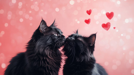 Two Fluffy Black Cats in Love, Sharing a Tender Kiss on a Romantic Pink Background with Heartsの素材