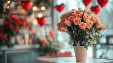 Peach Roses Bouquet in Bloom, Valentines Day Floral Arrangement with Eucalyptus and Hearts Decorの素材