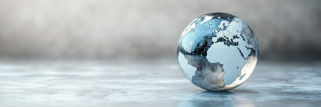 Silver Glass Globe of the World on a Concrete Floor with Soft Lighting and Copy Spaceの素材