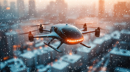 Futuristic Air Taxi Soaring Above Snow-Covered Cityscape Innovation in Urban Transportationの素材