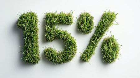 15 Off Discount Symbol Made of Green Grass Isolated on White Background with Copy Spaceの素材