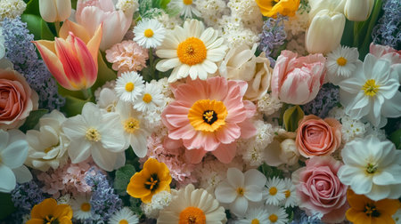 Spring Flowers Background, A Colorful Flatlay featuring Tulips, Daffodils and Lilac, overhead view.の素材