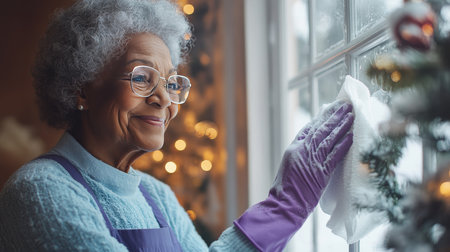 Senior Woman Cleans Her Windowpanes Preparing for the Holiday Season, Comfort and Joyの素材