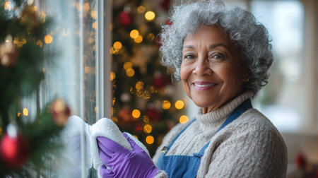 Senior Woman Cleans Windows, Preparing Home for Christmas, Sparkling Clean for Holiday Joyの素材