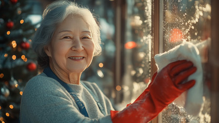 Smiling Senior Woman in Red Gloves Cleaning Window, Enjoying Christmas Preparations at Homeの素材
