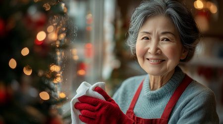 Smiling Senior Woman Cleaning Windows in Preparation for the Festive Christmas Seasonの素材
