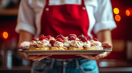 Baker Holding Tray of Delicious Raspberry Cream Pastries, Close-Up, Festive Bokeh Backgroundの素材