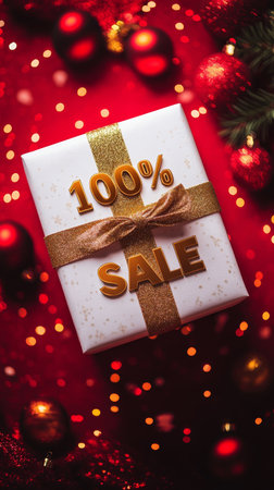 100 Christmas Sale. White Gift Box with Golden Bow on Festive Red Background with Bokehの素材