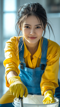 Portrait Of Smiling Asian Woman Cleaning Service Worker Looking At Camera, Holds Mop And Bucketの素材