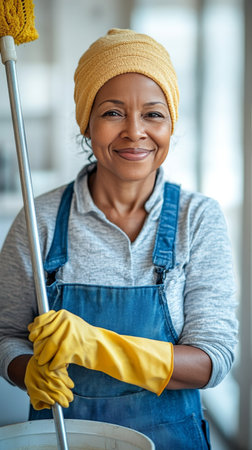 Smiling Senior Woman Cleaning Service Worker Holding Mop, Ready For Work, Looking at Cameraの素材
