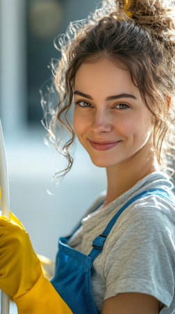 Smiling Young Woman Wearing Yellow Gloves and Blue Overalls, Cleaning and Ready For Housework.の素材