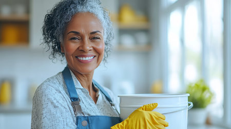 Smiling Senior Woman in Yellow Gloves Holds Bucket, Ready for Spring Cleaning Chores.の素材