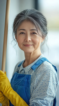 Smiling Senior Woman Cleaning Service Worker in Uniform Holds Mop, Portrait on Blurred Backgroundの素材