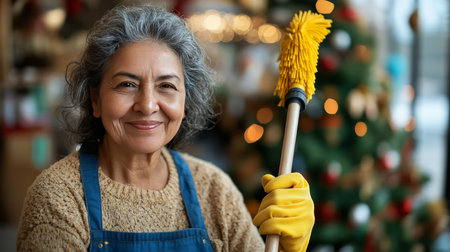 Portrait, Smiling Senior Indian Woman in Uniform Cleaning with Mop, Christmas Tree Backgroundの素材